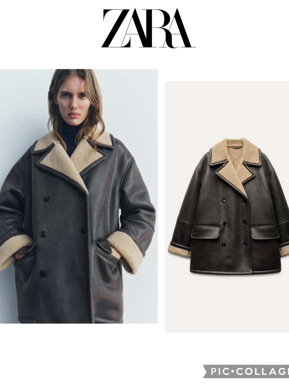 Zara Women’s Double-Breasted Shearling Coat in Green Marl